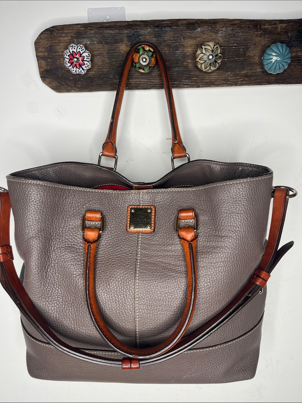 Dooney & Bourke Satchel Bag Elephant Grey with top handles & straps British Tan